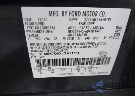2018 Ford Explorer Xlt z USA, uszkodzony, nr VIN 1FM5K7D8XJGA51731